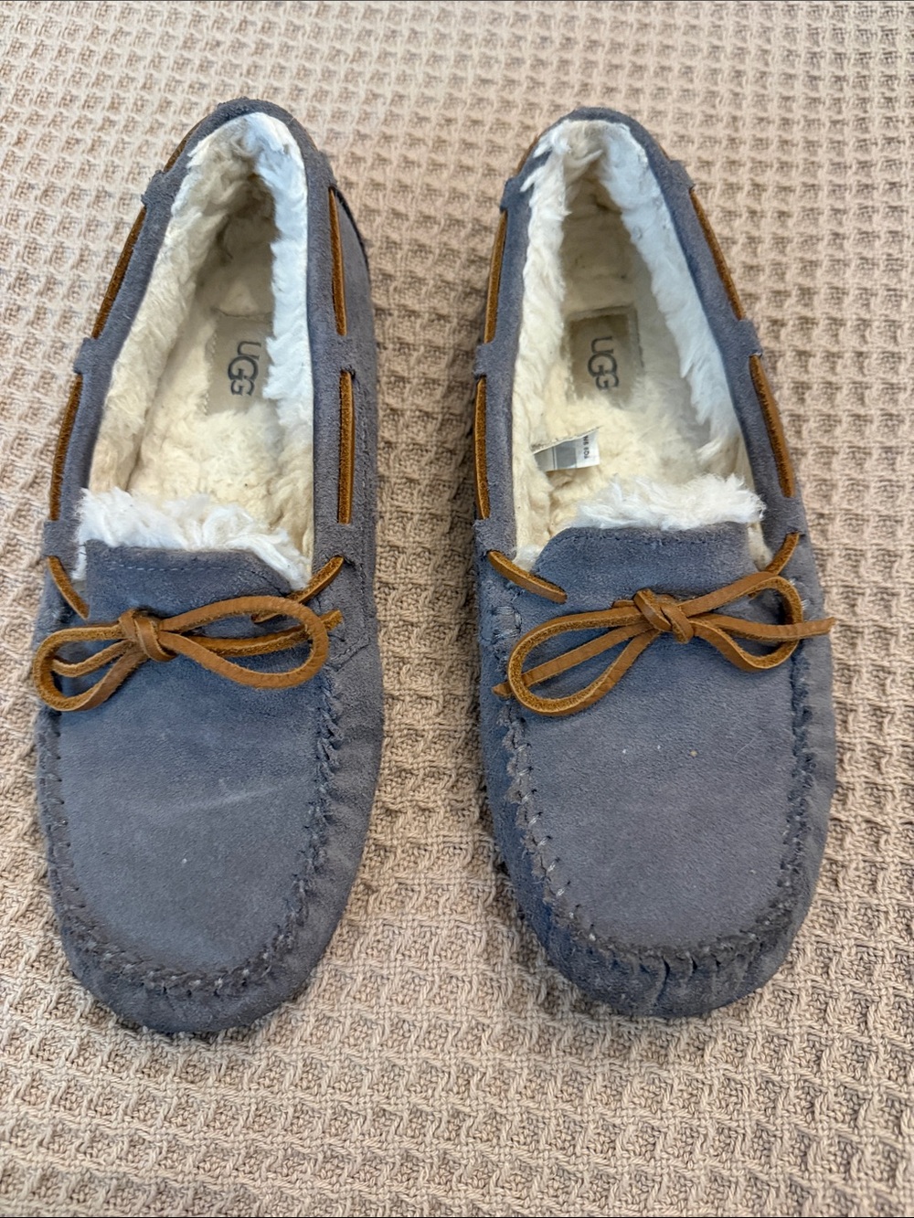 UGG Gray Suede Shearling-Lined Moccasin Slippers with Tan Laces